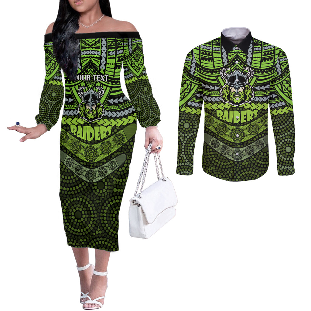 custom-raiders-rugby-couples-matching-off-the-shoulder-long-sleeve-dress-and-long-sleeve-button-shirts-polynesian-and-aboriginal-special-version