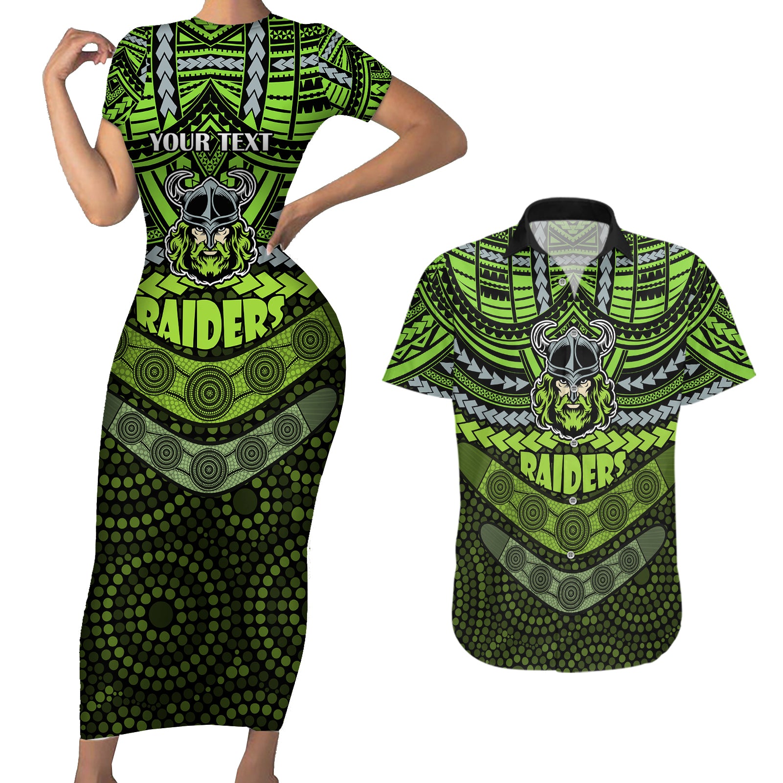 custom-raiders-rugby-couples-matching-short-sleeve-bodycon-dress-and-hawaiian-shirt-polynesian-and-aboriginal-special-version