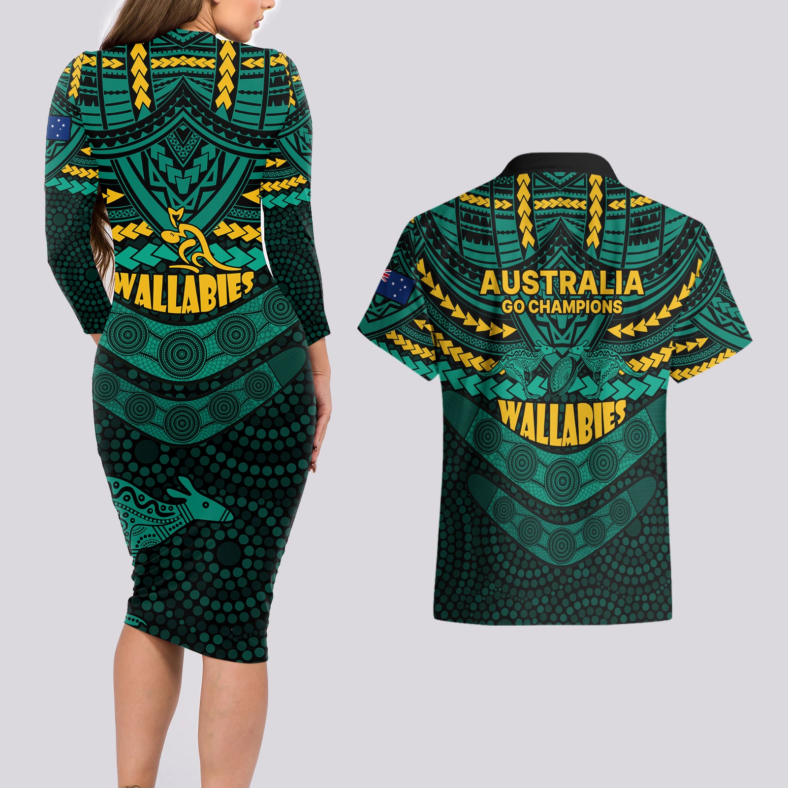 wallabies-rugby-couples-matching-long-sleeve-bodycon-dress-and-hawaiian-shirt-polynesian-and-aboriginal-special-green-version
