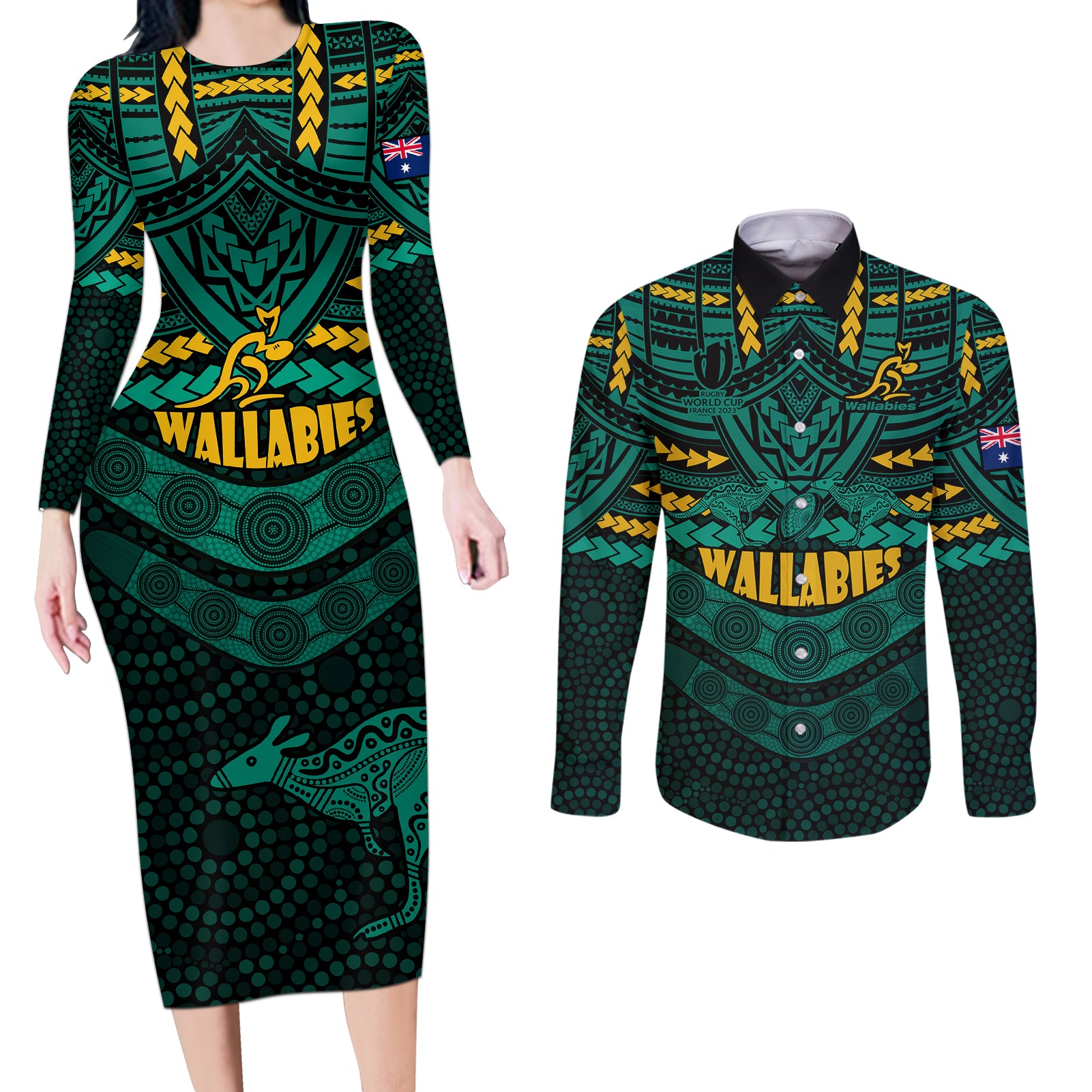 wallabies-rugby-couples-matching-long-sleeve-bodycon-dress-and-long-sleeve-button-shirts-polynesian-and-aboriginal-special-green-version