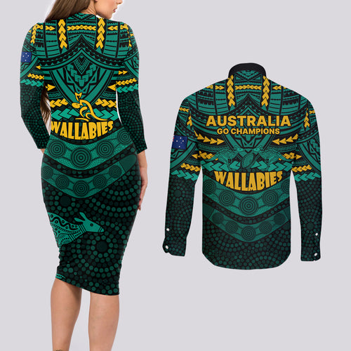 wallabies-rugby-couples-matching-long-sleeve-bodycon-dress-and-long-sleeve-button-shirts-polynesian-and-aboriginal-special-green-version