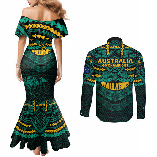 wallabies-rugby-couples-matching-mermaid-dress-and-long-sleeve-button-shirts-polynesian-and-aboriginal-special-green-version