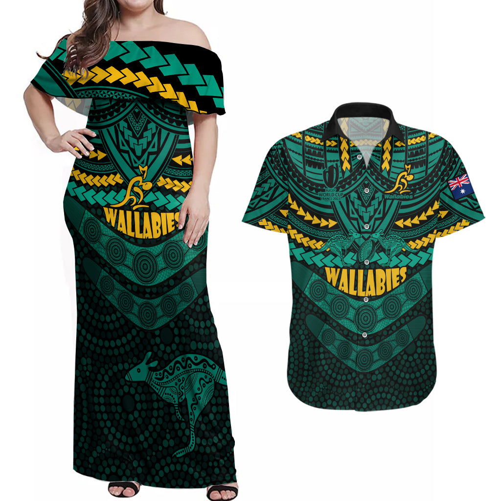 wallabies-rugby-couples-matching-off-shoulder-maxi-dress-and-hawaiian-shirt-polynesian-and-aboriginal-special-green-version