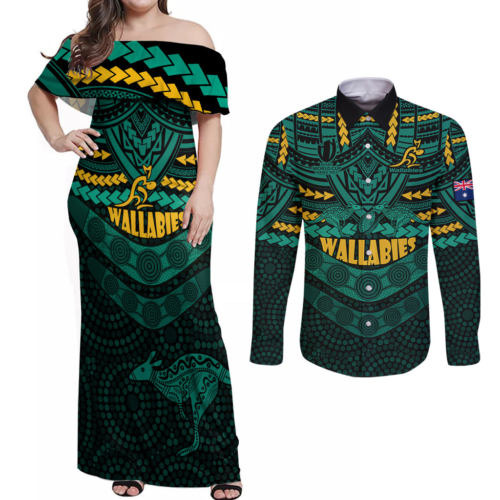 wallabies-rugby-couples-matching-off-shoulder-maxi-dress-and-long-sleeve-button-shirts-polynesian-and-aboriginal-special-green-version