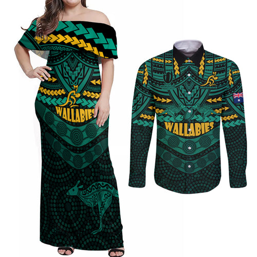wallabies-rugby-couples-matching-off-shoulder-maxi-dress-and-long-sleeve-button-shirts-polynesian-and-aboriginal-special-green-version