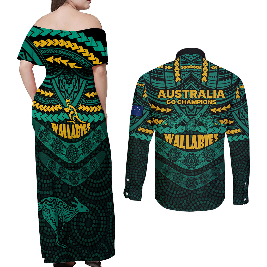wallabies-rugby-couples-matching-off-shoulder-maxi-dress-and-long-sleeve-button-shirts-polynesian-and-aboriginal-special-green-version