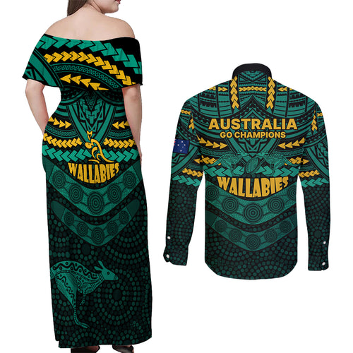wallabies-rugby-couples-matching-off-shoulder-maxi-dress-and-long-sleeve-button-shirts-polynesian-and-aboriginal-special-green-version