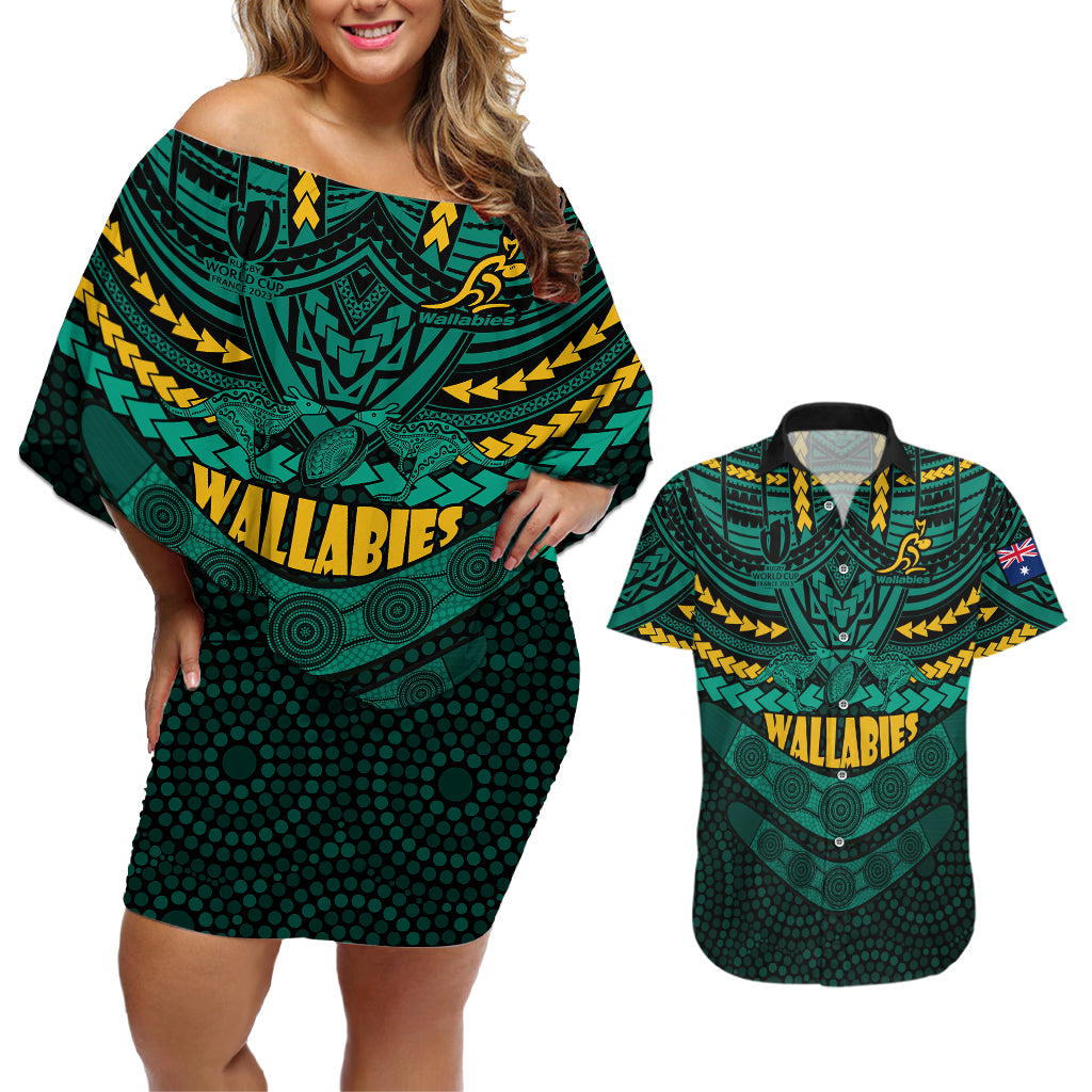 wallabies-rugby-couples-matching-off-shoulder-short-dress-and-hawaiian-shirt-polynesian-and-aboriginal-special-green-version