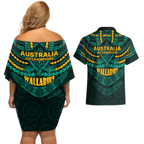 wallabies-rugby-couples-matching-off-shoulder-short-dress-and-hawaiian-shirt-polynesian-and-aboriginal-special-green-version