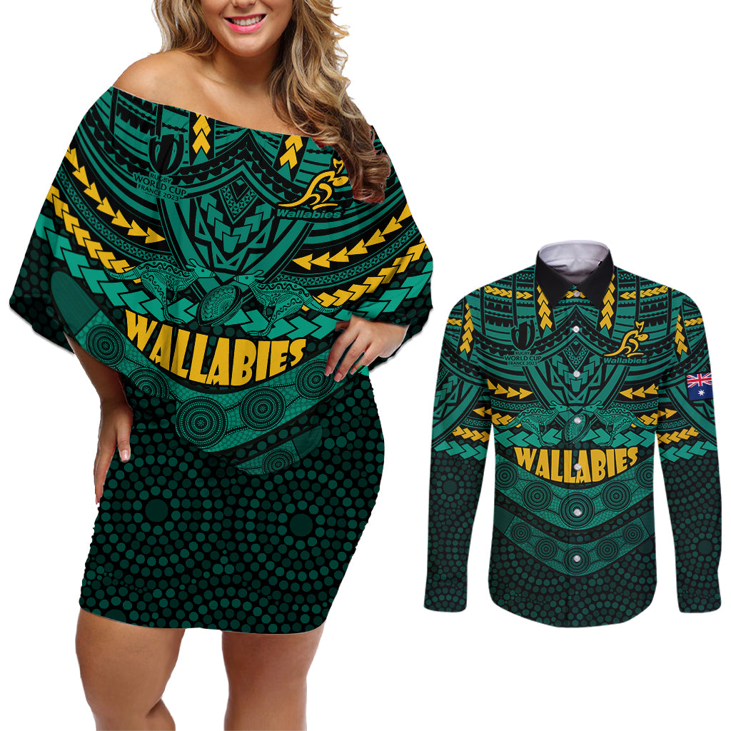wallabies-rugby-couples-matching-off-shoulder-short-dress-and-long-sleeve-button-shirts-polynesian-and-aboriginal-special-green-version