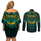wallabies-rugby-couples-matching-off-shoulder-short-dress-and-long-sleeve-button-shirts-polynesian-and-aboriginal-special-green-version