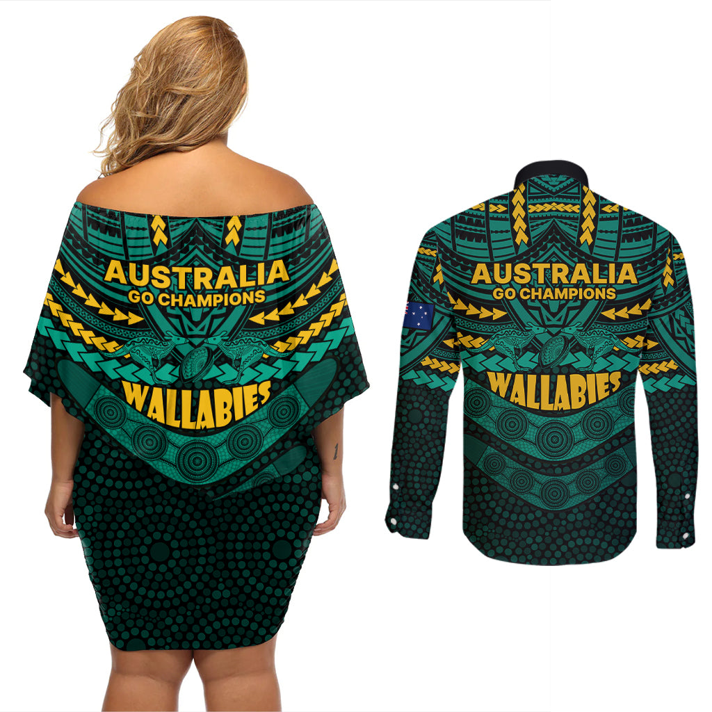 wallabies-rugby-couples-matching-off-shoulder-short-dress-and-long-sleeve-button-shirts-polynesian-and-aboriginal-special-green-version
