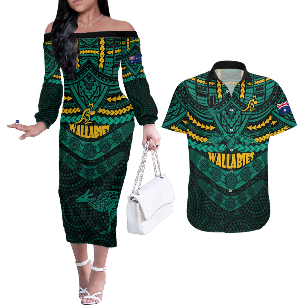 wallabies-rugby-couples-matching-off-the-shoulder-long-sleeve-dress-and-hawaiian-shirt-polynesian-and-aboriginal-special-green-version