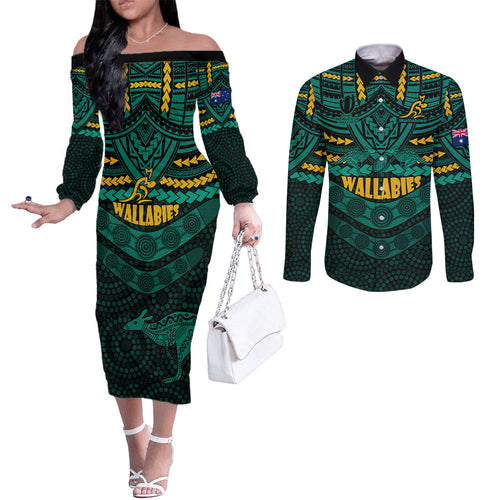 wallabies-rugby-couples-matching-off-the-shoulder-long-sleeve-dress-and-long-sleeve-button-shirts-polynesian-and-aboriginal-special-green-version