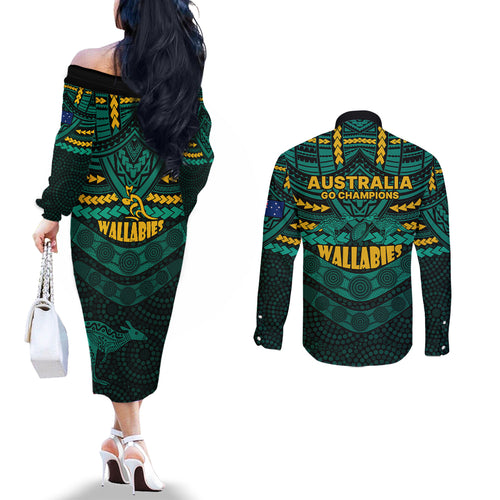 wallabies-rugby-couples-matching-off-the-shoulder-long-sleeve-dress-and-long-sleeve-button-shirts-polynesian-and-aboriginal-special-green-version