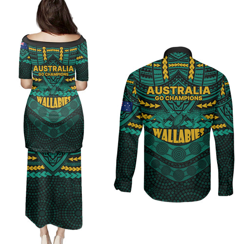 wallabies-rugby-couples-matching-puletasi-dress-and-long-sleeve-button-shirts-polynesian-and-aboriginal-special-green-version