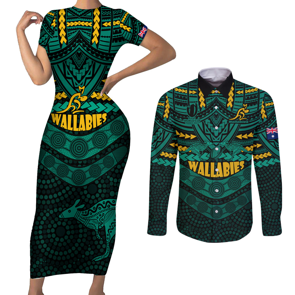 wallabies-rugby-couples-matching-short-sleeve-bodycon-dress-and-long-sleeve-button-shirts-polynesian-and-aboriginal-special-green-version