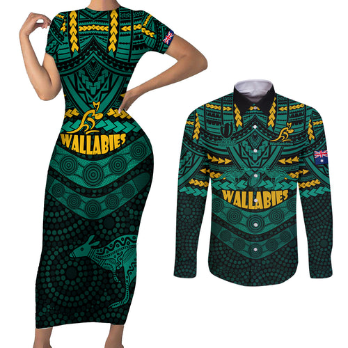 wallabies-rugby-couples-matching-short-sleeve-bodycon-dress-and-long-sleeve-button-shirts-polynesian-and-aboriginal-special-green-version