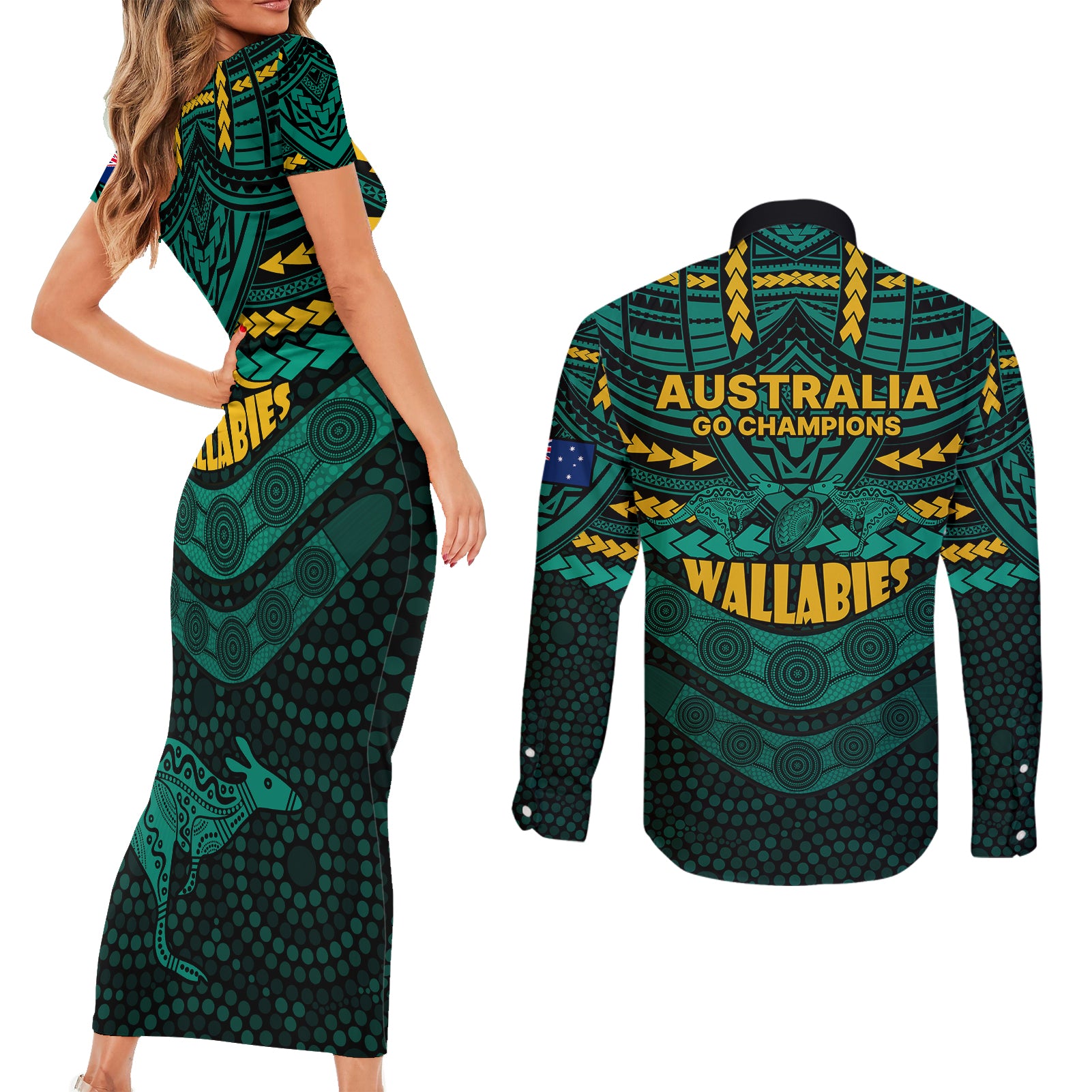 wallabies-rugby-couples-matching-short-sleeve-bodycon-dress-and-long-sleeve-button-shirts-polynesian-and-aboriginal-special-green-version