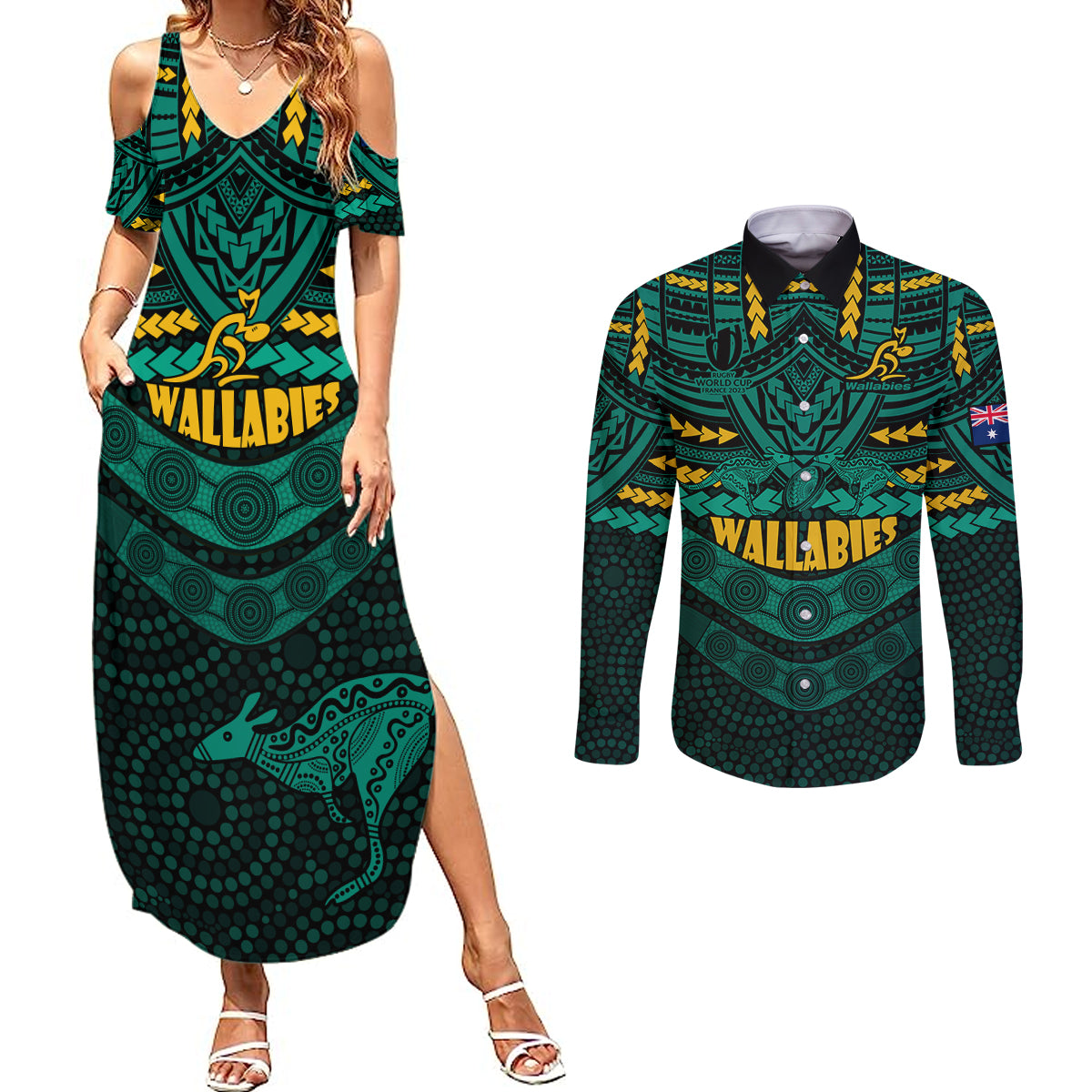 wallabies-rugby-couples-matching-summer-maxi-dress-and-long-sleeve-button-shirts-polynesian-and-aboriginal-special-green-version