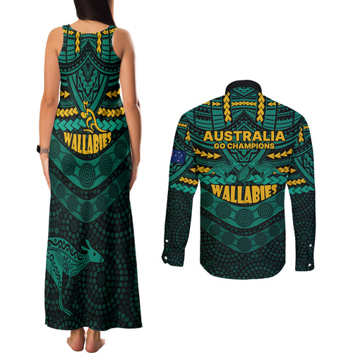 wallabies-rugby-couples-matching-tank-maxi-dress-and-long-sleeve-button-shirts-polynesian-and-aboriginal-special-green-version