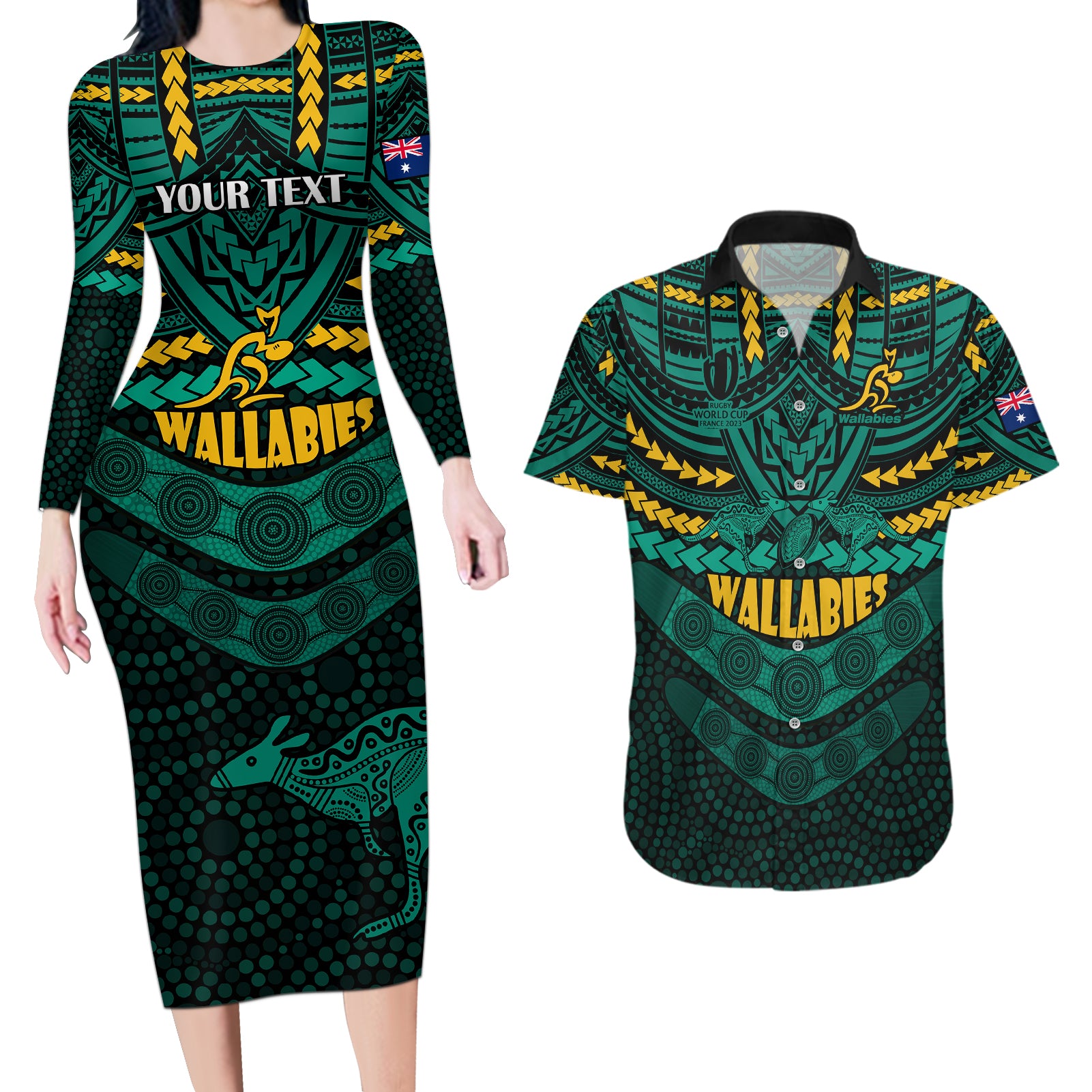 custom-wallabies-rugby-couples-matching-long-sleeve-bodycon-dress-and-hawaiian-shirt-polynesian-and-aboriginal-special-green-version