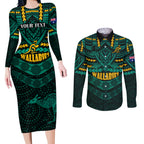 custom-wallabies-rugby-couples-matching-long-sleeve-bodycon-dress-and-long-sleeve-button-shirts-polynesian-and-aboriginal-special-green-version