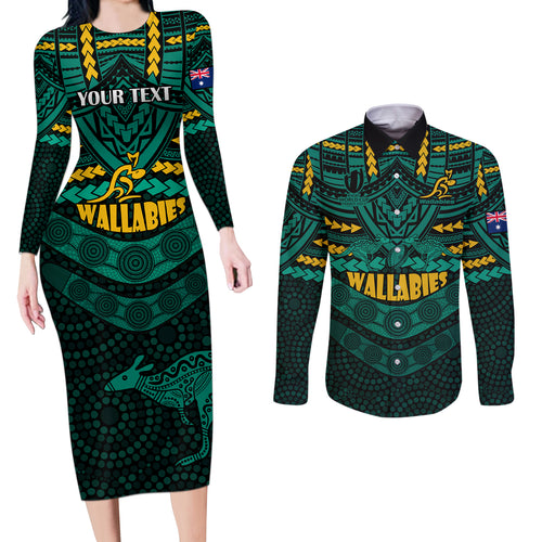 custom-wallabies-rugby-couples-matching-long-sleeve-bodycon-dress-and-long-sleeve-button-shirts-polynesian-and-aboriginal-special-green-version