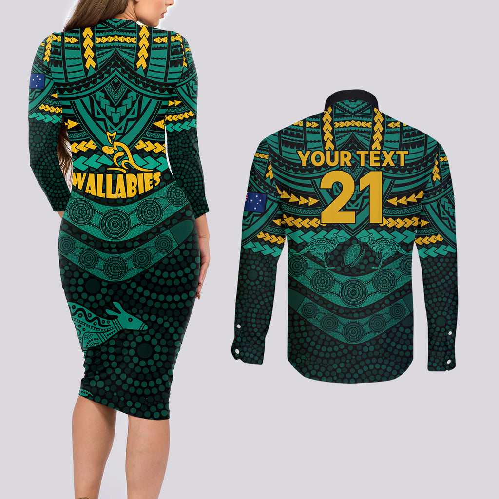 custom-wallabies-rugby-couples-matching-long-sleeve-bodycon-dress-and-long-sleeve-button-shirts-polynesian-and-aboriginal-special-green-version