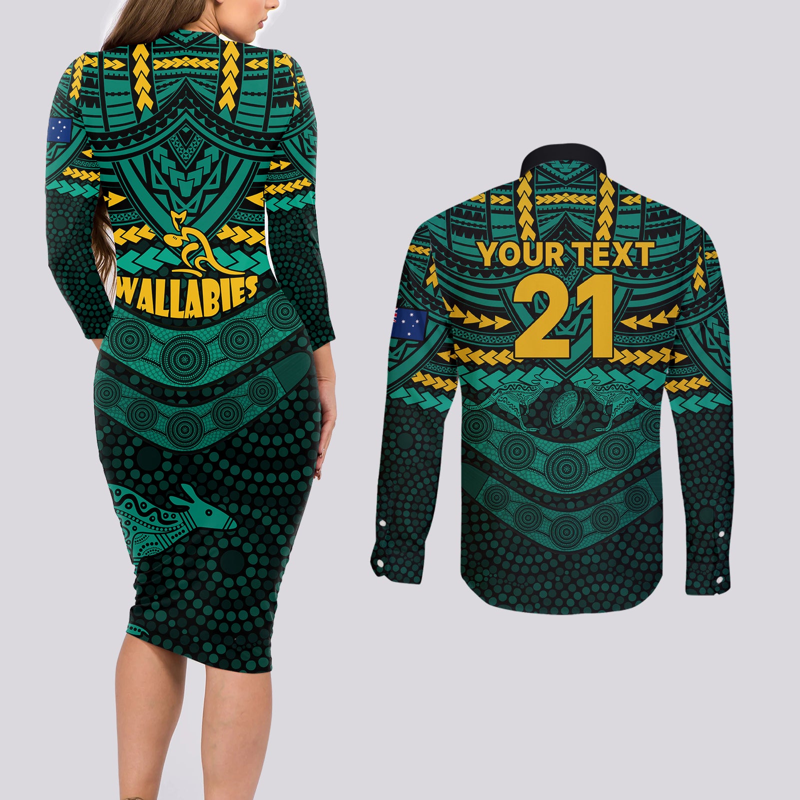 custom-wallabies-rugby-couples-matching-long-sleeve-bodycon-dress-and-long-sleeve-button-shirts-polynesian-and-aboriginal-special-green-version