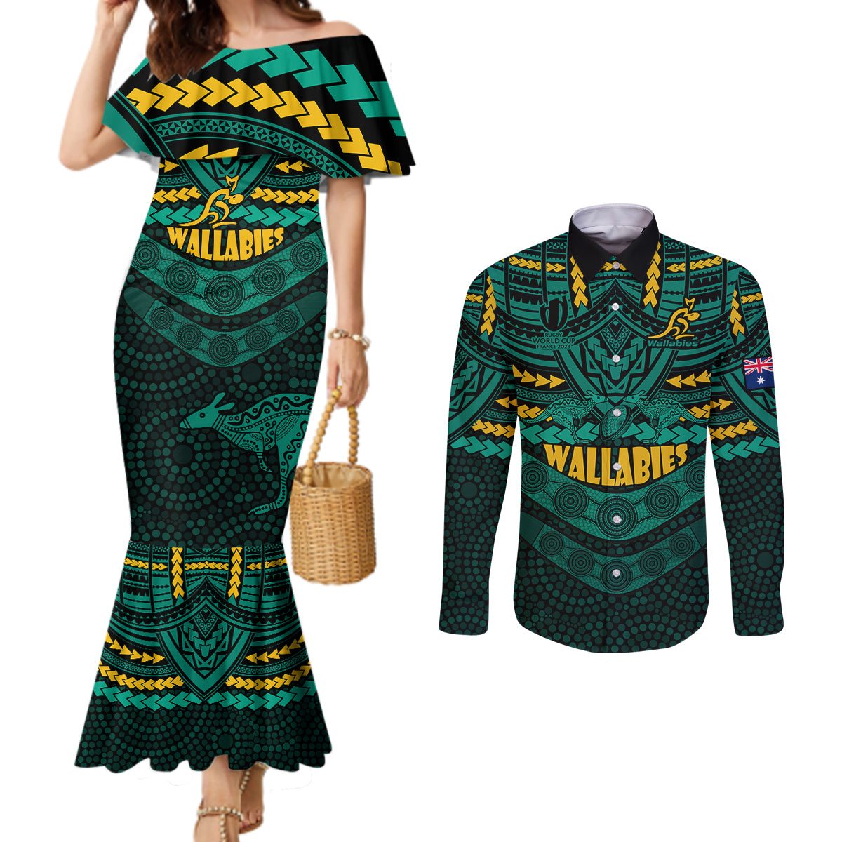 custom-wallabies-rugby-couples-matching-mermaid-dress-and-long-sleeve-button-shirts-polynesian-and-aboriginal-special-green-version