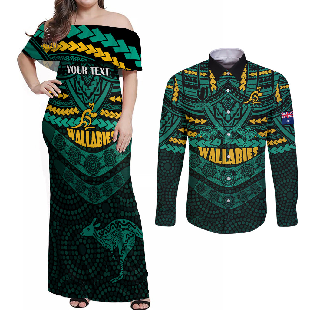 custom-wallabies-rugby-couples-matching-off-shoulder-maxi-dress-and-long-sleeve-button-shirts-polynesian-and-aboriginal-special-green-version