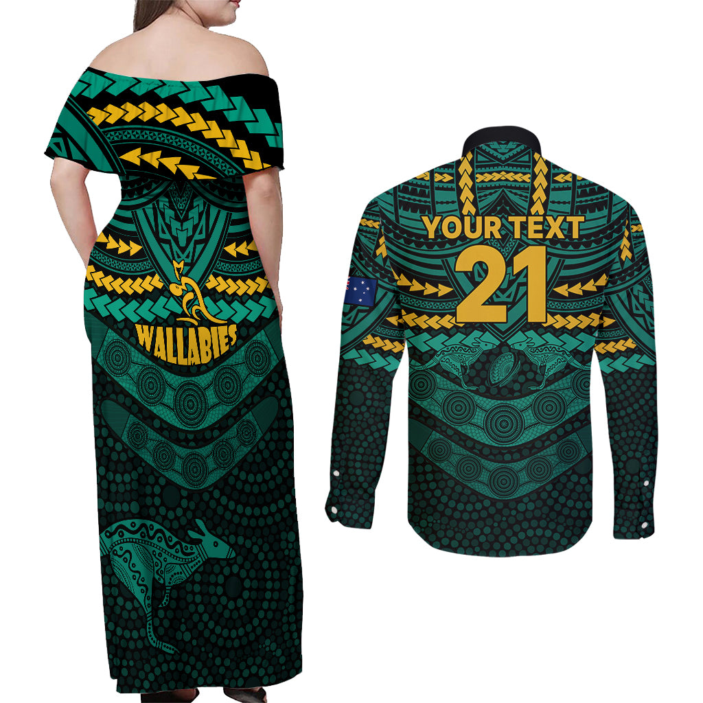 custom-wallabies-rugby-couples-matching-off-shoulder-maxi-dress-and-long-sleeve-button-shirts-polynesian-and-aboriginal-special-green-version
