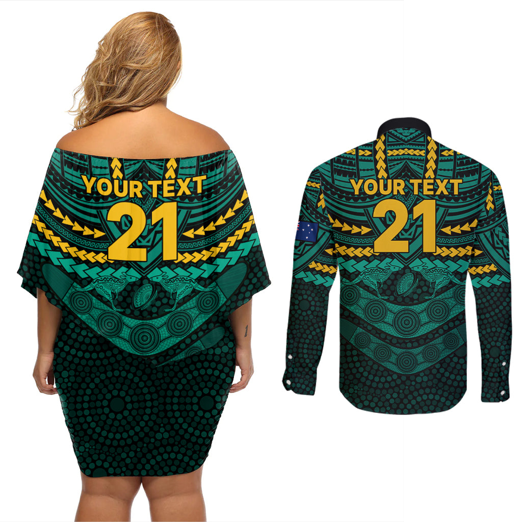 custom-wallabies-rugby-couples-matching-off-shoulder-short-dress-and-long-sleeve-button-shirts-polynesian-and-aboriginal-special-green-version