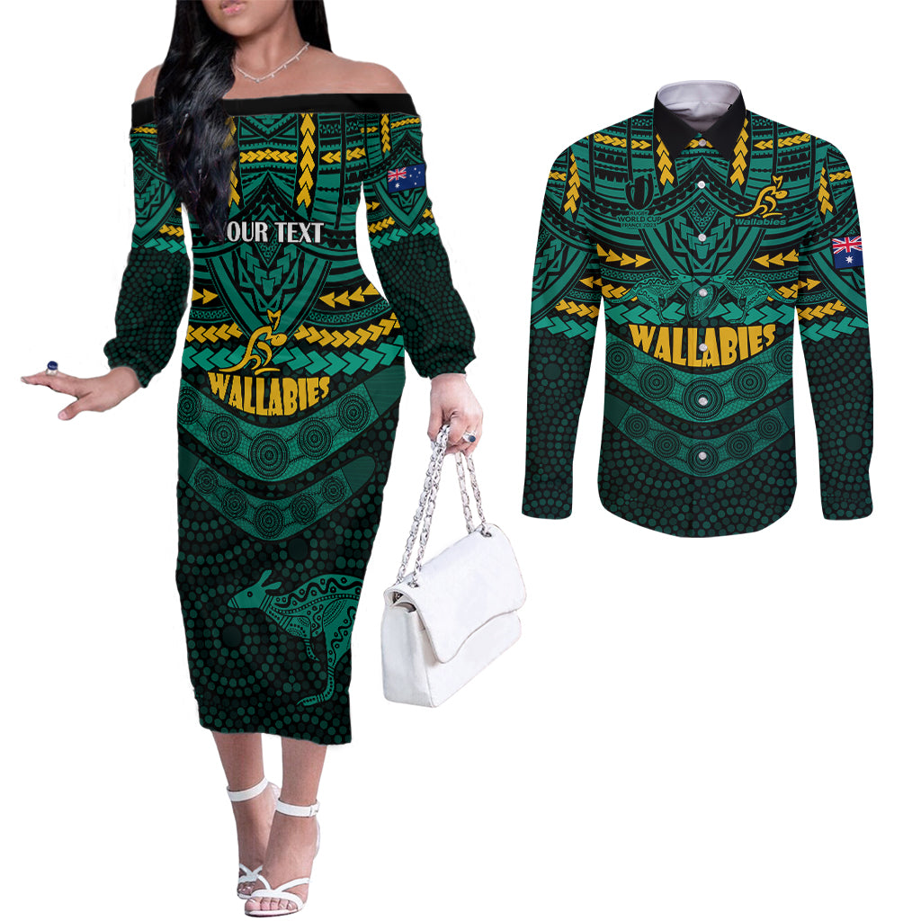 custom-wallabies-rugby-couples-matching-off-the-shoulder-long-sleeve-dress-and-long-sleeve-button-shirts-polynesian-and-aboriginal-special-green-version