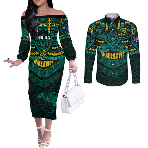 custom-wallabies-rugby-couples-matching-off-the-shoulder-long-sleeve-dress-and-long-sleeve-button-shirts-polynesian-and-aboriginal-special-green-version