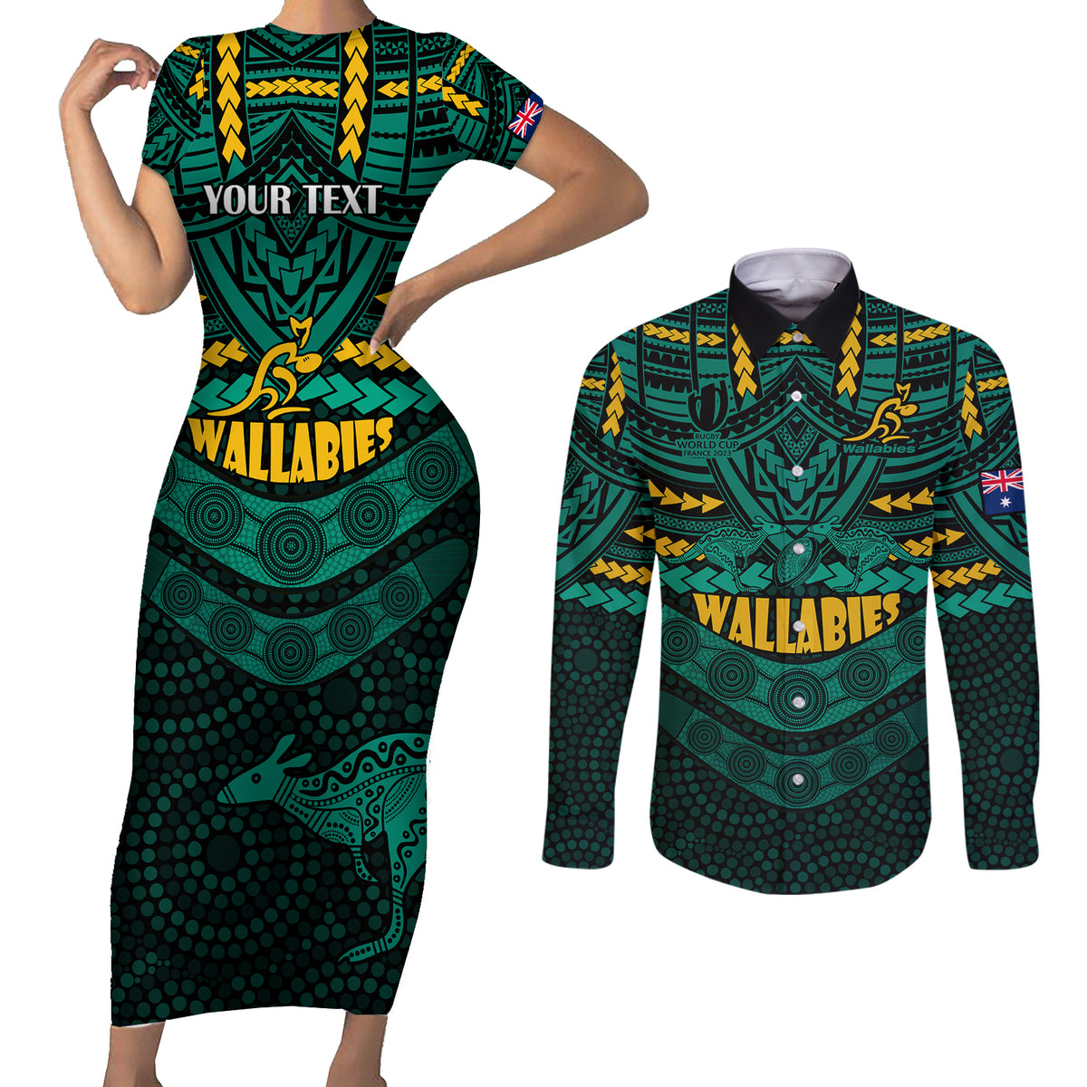 custom-wallabies-rugby-couples-matching-short-sleeve-bodycon-dress-and-long-sleeve-button-shirts-polynesian-and-aboriginal-special-green-version