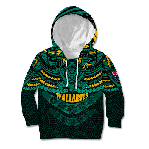custom-wallabies-rugby-kid-hoodie-polynesian-and-aboriginal-special-green-version