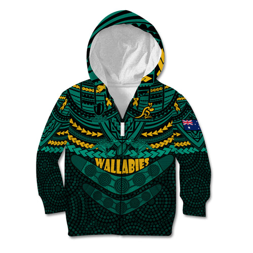custom-wallabies-rugby-kid-hoodie-polynesian-and-aboriginal-special-green-version