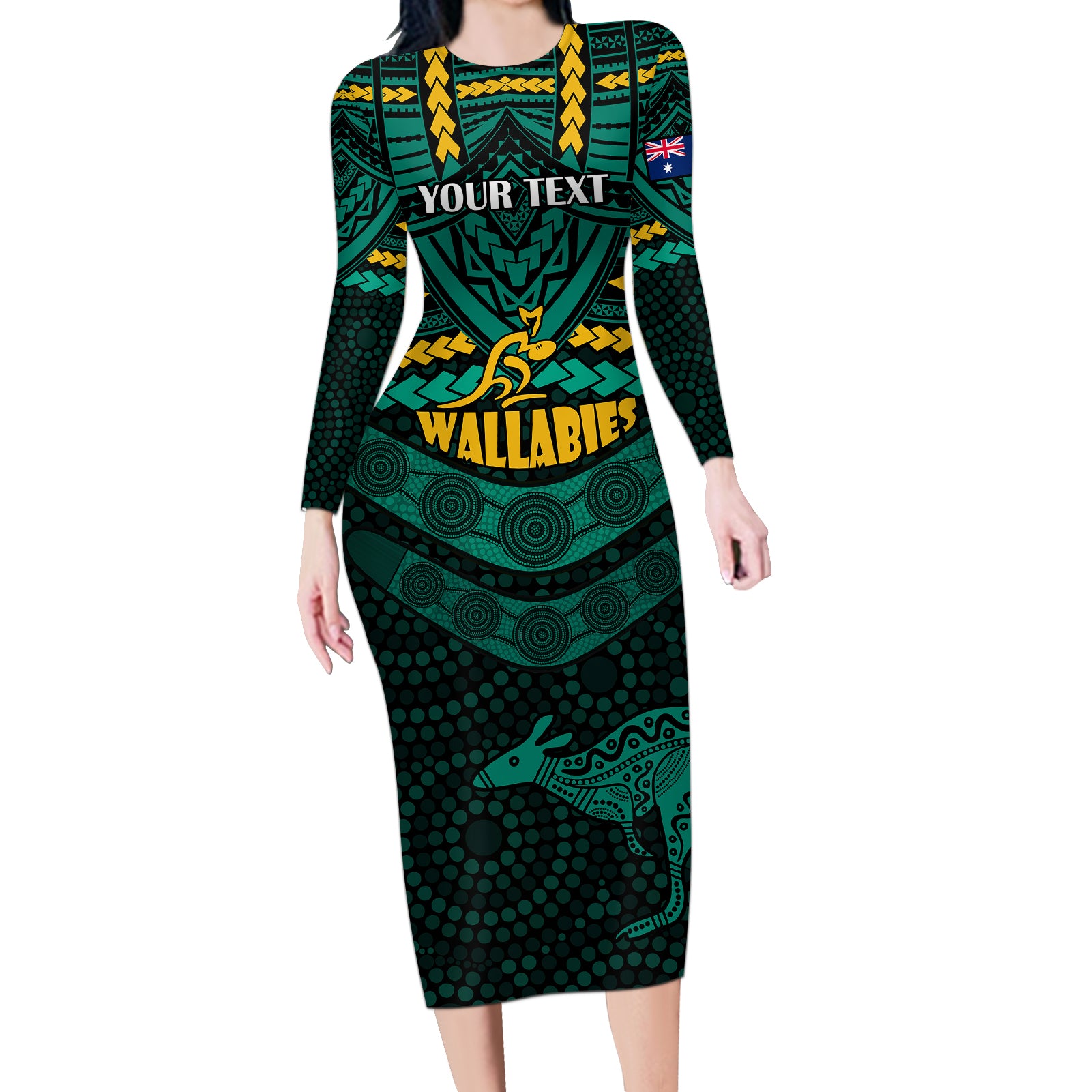 custom-wallabies-rugby-long-sleeve-bodycon-dress-polynesian-and-aboriginal-special-green-version