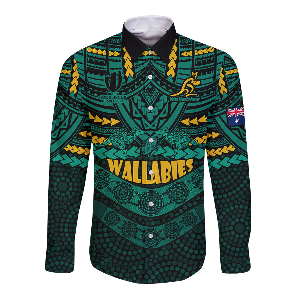 custom-wallabies-rugby-long-sleeve-button-shirt-polynesian-and-aboriginal-special-green-version