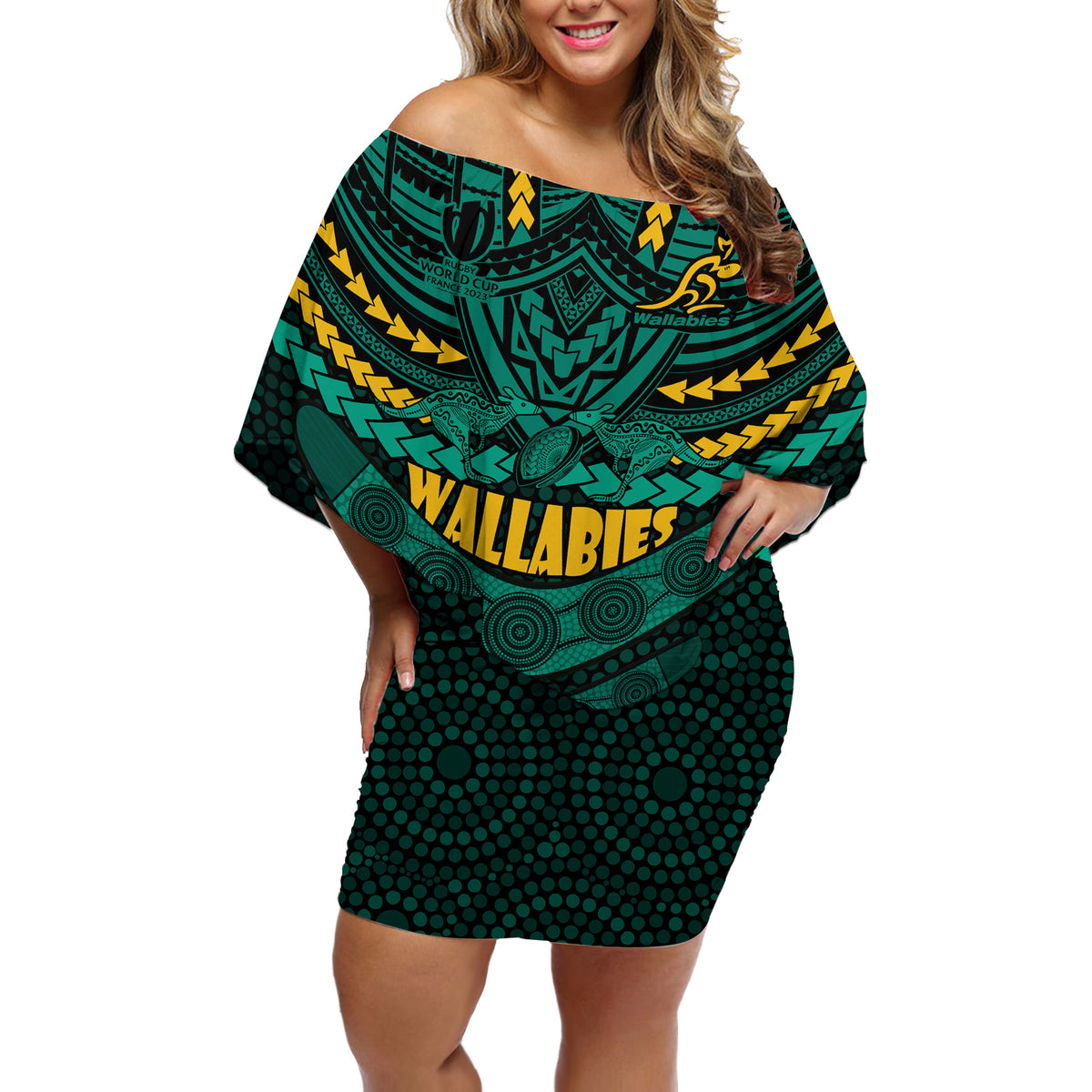 custom-wallabies-rugby-off-shoulder-short-dress-polynesian-and-aboriginal-special-green-version