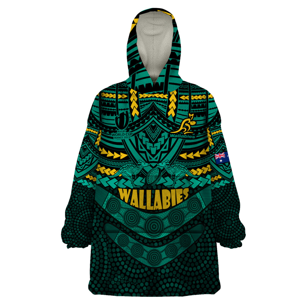 custom-wallabies-rugby-wearable-blanket-hoodie-polynesian-and-aboriginal-special-green-version