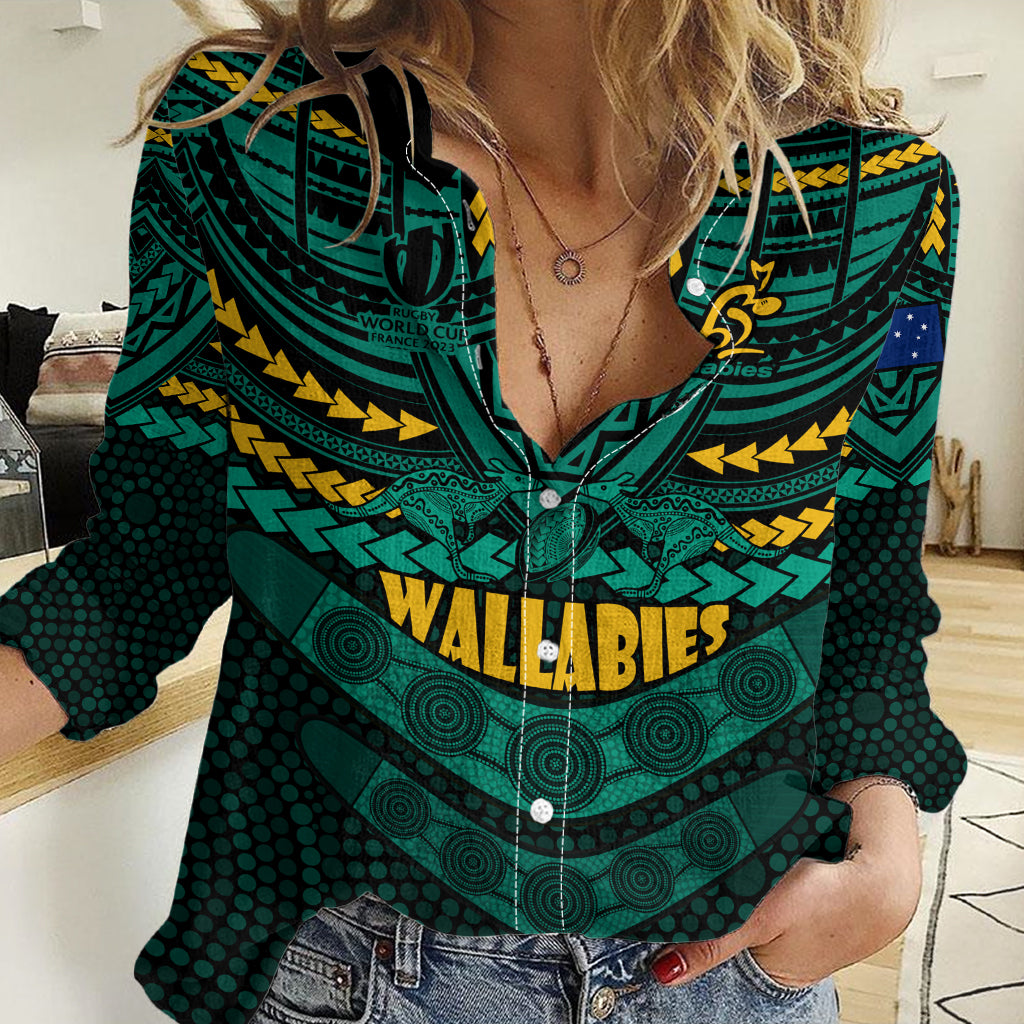 Custom Wallabies Rugby Women Casual Shirt Polynesian and Aboriginal Special Green Version LT9
