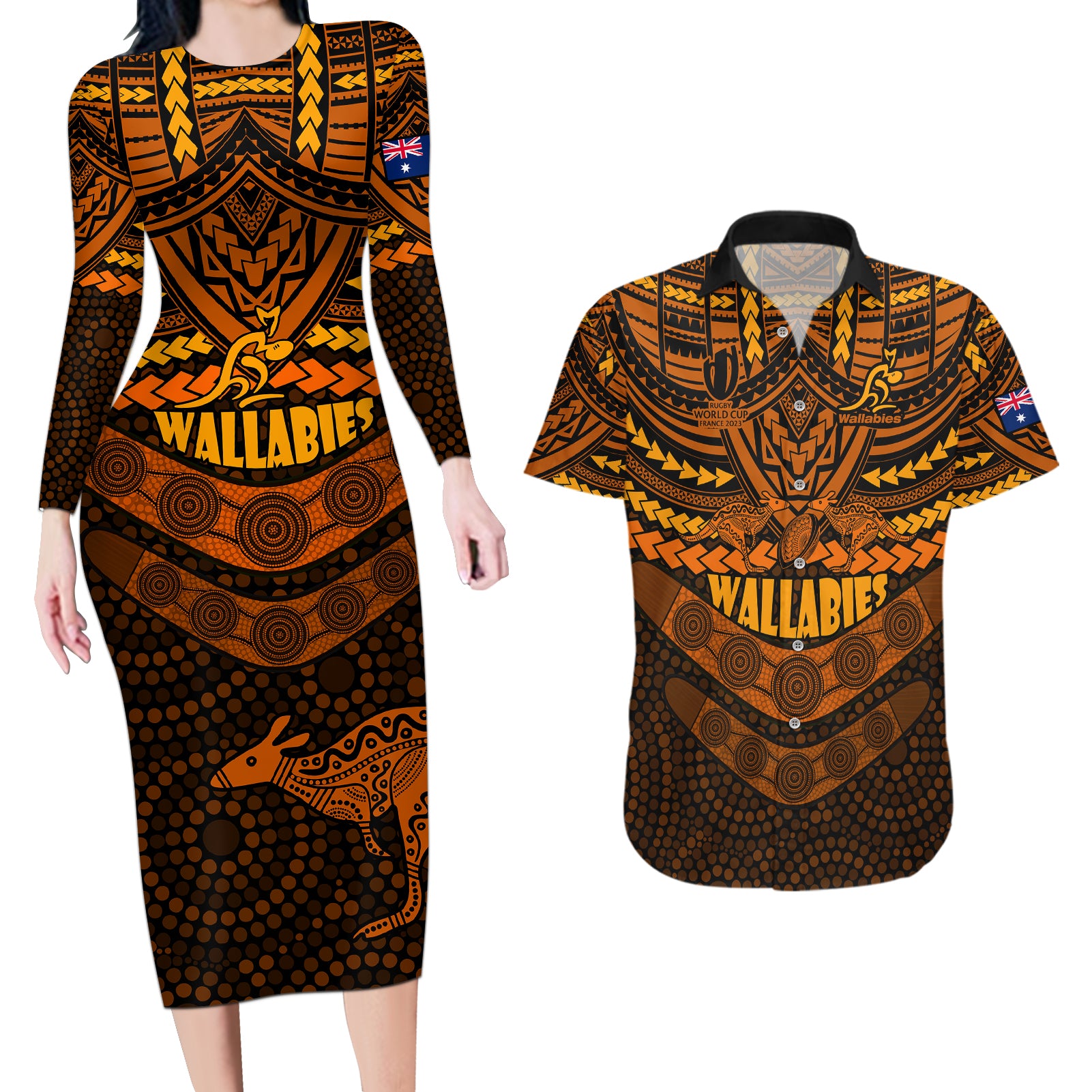 wallabies-rugby-couples-matching-long-sleeve-bodycon-dress-and-hawaiian-shirt-polynesian-and-aboriginal-special-orange-version