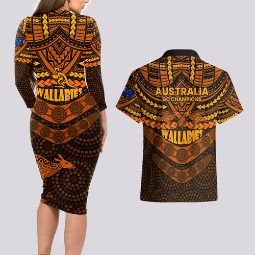 wallabies-rugby-couples-matching-long-sleeve-bodycon-dress-and-hawaiian-shirt-polynesian-and-aboriginal-special-orange-version