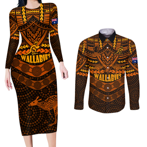 wallabies-rugby-couples-matching-long-sleeve-bodycon-dress-and-long-sleeve-button-shirts-polynesian-and-aboriginal-special-orange-version