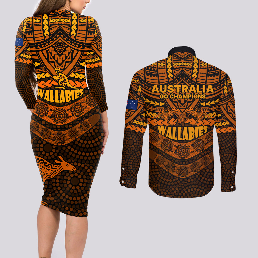 wallabies-rugby-couples-matching-long-sleeve-bodycon-dress-and-long-sleeve-button-shirts-polynesian-and-aboriginal-special-orange-version