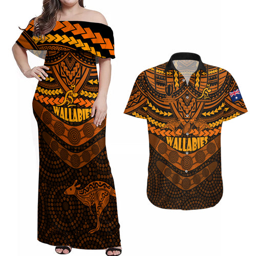wallabies-rugby-couples-matching-off-shoulder-maxi-dress-and-hawaiian-shirt-polynesian-and-aboriginal-special-orange-version