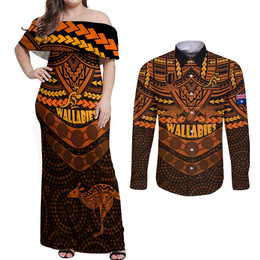 wallabies-rugby-couples-matching-off-shoulder-maxi-dress-and-long-sleeve-button-shirts-polynesian-and-aboriginal-special-orange-version